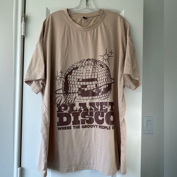 SHEIN Tops - SHEIN Beige Planet Disco Tee Retro Graphic Short‎ Sleeve T Shirt Vintage